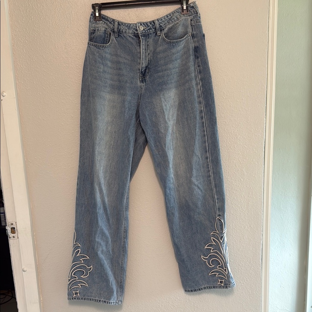 Blue Flare Wide Leg Jeans with Embroidery